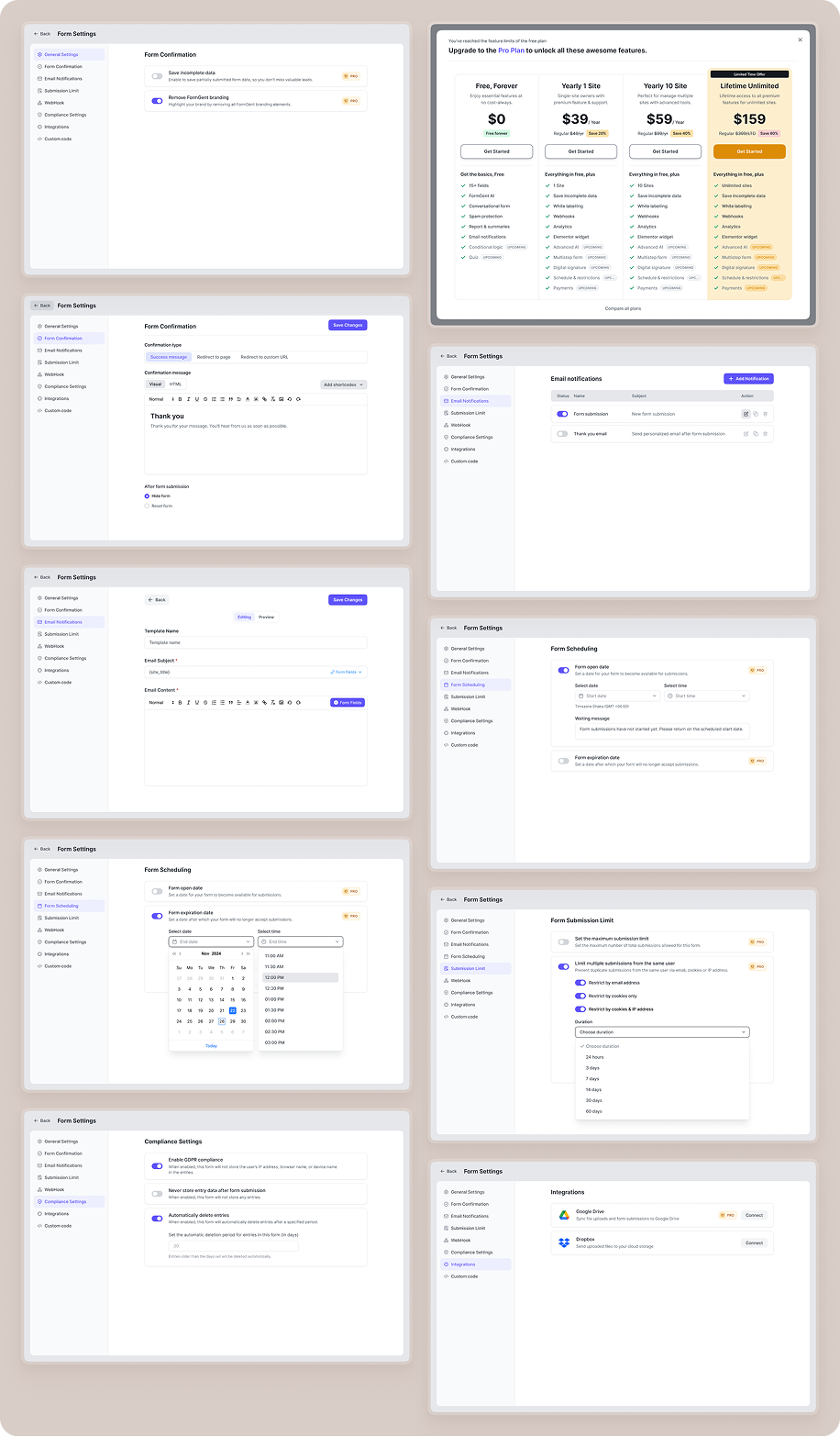 FormGent settings, notifications, scheduling, and integrations screens